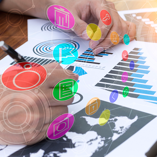 Marketing thumbnail image for home page, showing colorful charts and graphs